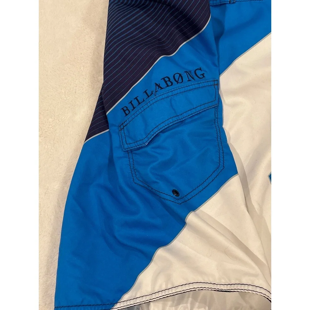 Billabong Mens Board Shorts Blue White Striped Colorblock Swim Trunks Size 36